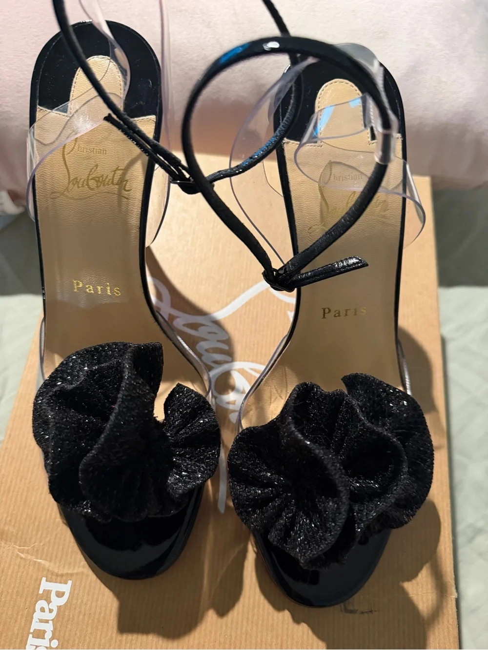 Christian Louboutin Clear Slingback Heels with Black Floral Bow